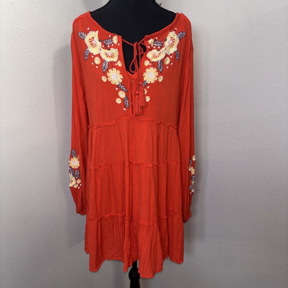 Free People Dress Women's Oversized XS Orange Floral Embroidered Boho Peasant